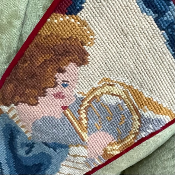 Needlepoint Angel Christmas Stocking Bow Cottage Grandma Handmade Needlework - Picture 3 of 6